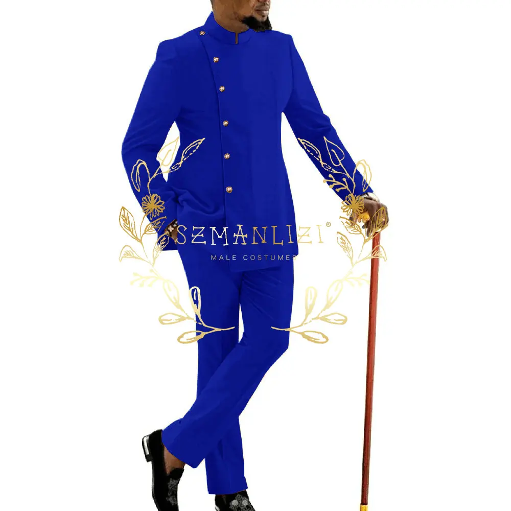 

Royal Blue Suits for Men Slim Fit African Business Wedding Tuxedos Tailor-made Fashion Stand Collar Blazer Pants 2 Pieces Set