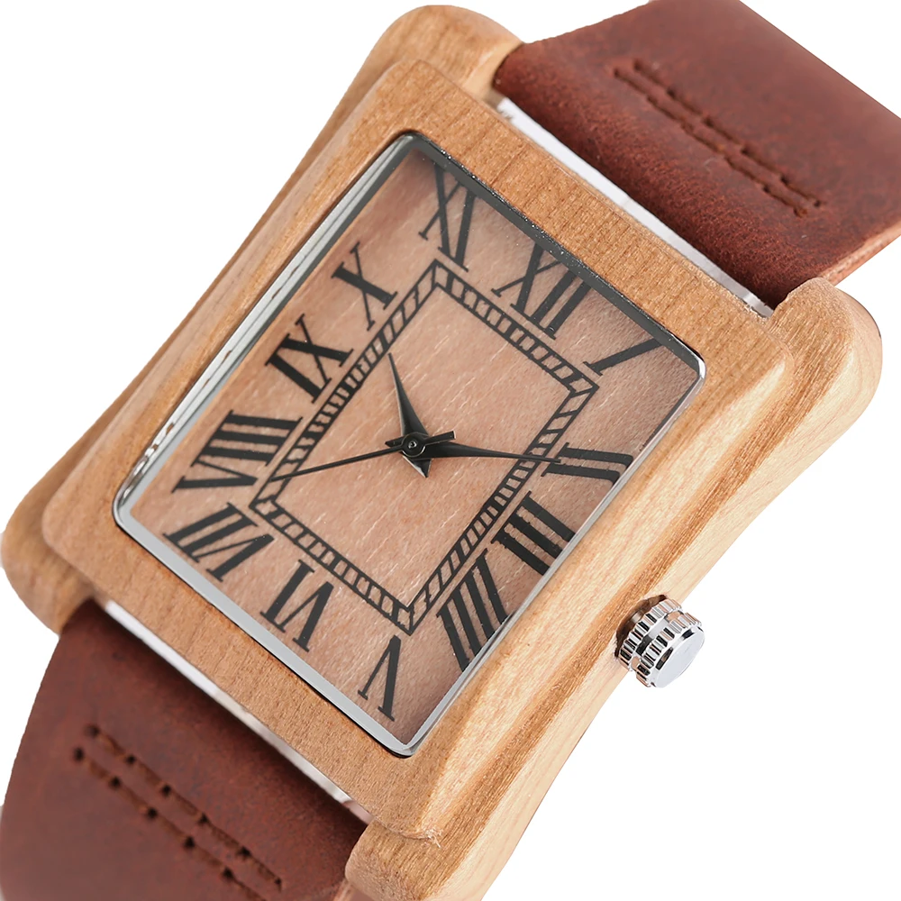 Special Watch Men Nature Log Wooden Rectangle Quartz Wristwatches Modern Genuine Leather Strap Wood Casual Bamboo Women Clock