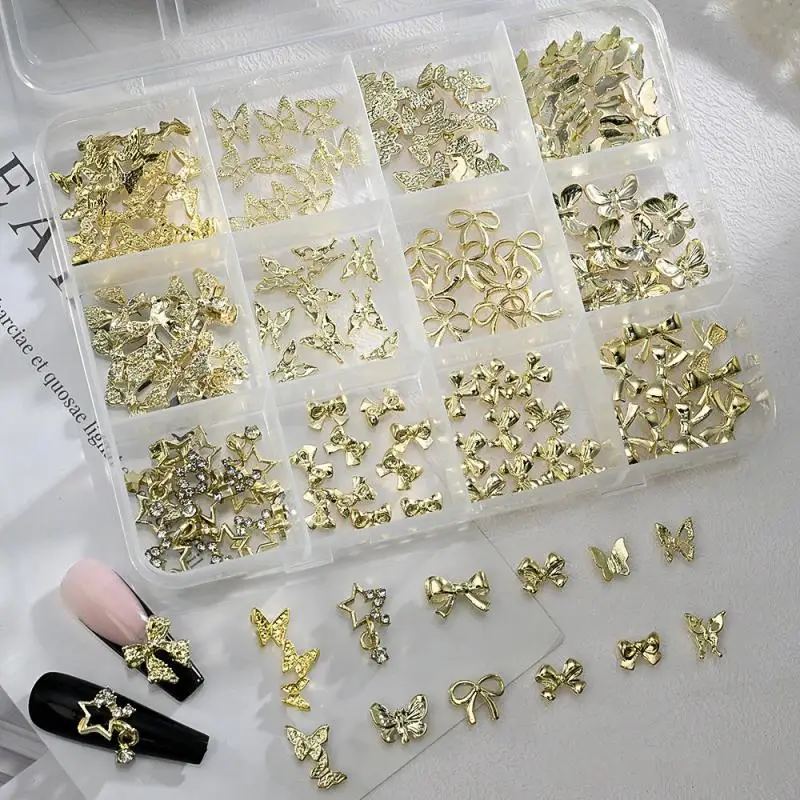 96/120 Stücke 3D Gold Schleife Schmetterling Nagel Metall Charms Glänzende Bowtie/Diamant Stern DIY Nagel Dekor Zubehör Luxus Nail art Liefert
