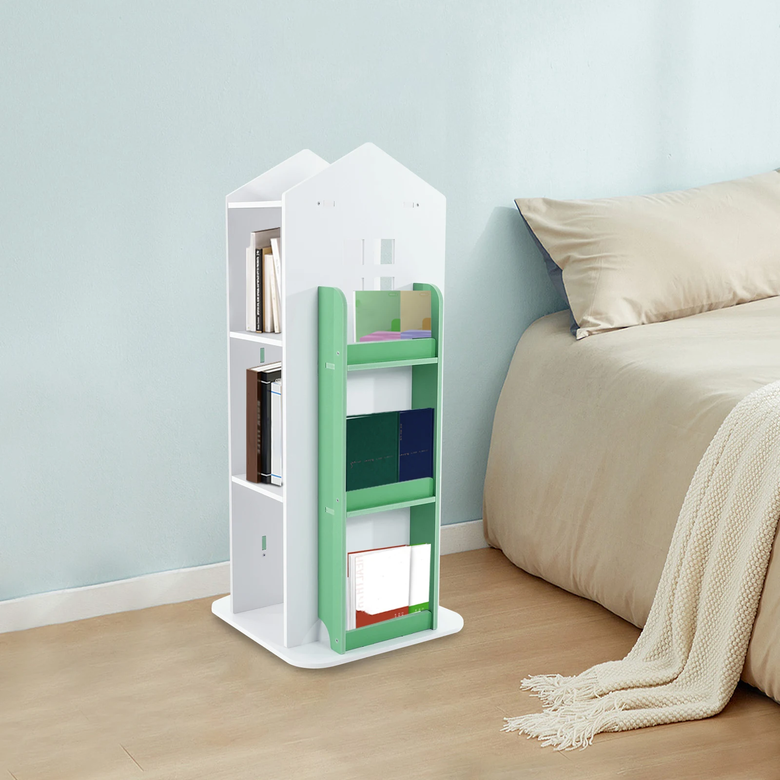 

4-Tier Rotating Bookshelf 360° Display Floor Standing Bookcase Revolving Corner Bookshelf For Children 41*41*95cm