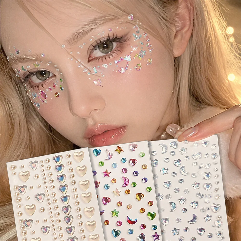 3Pcs/Set Moon Star Heart Face Gem Stickers Colorful Self‑Adhesive Crystal Rhinestones For Eye Body Festival Party Cosplay Makeup