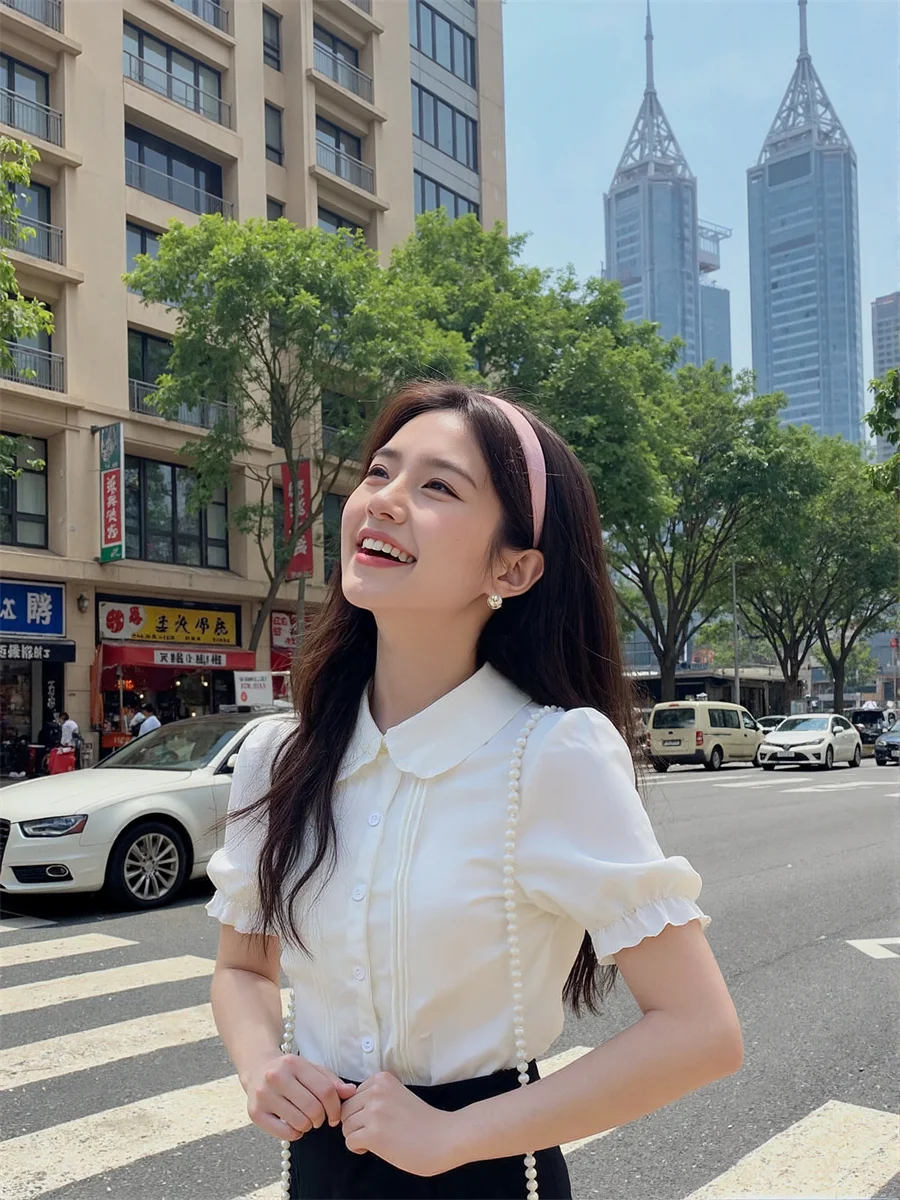 قمصان نسائية قصيرة الأكمام مع الكشكشة س الرقبة الياقة المستديرة زر الجبهة بسيطة الأساسية الحد الأدنى بلوزات بلايز عادية الموضة #5