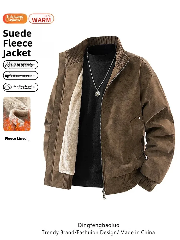 

Новинка 2025 года, мужская кожаная куртка с воротником-стойкой и воротником-стойкой Thiened Fce, зимняя теплая универсальная свободная верхняя одежда