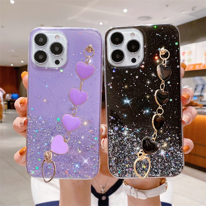 

Love Heart Wrist Chain Phone Case For iPhone 14 13 12 11 X XS Max XR 12mini 7 8Plus Soft Glitter Bumper Cover for iphone 14 case