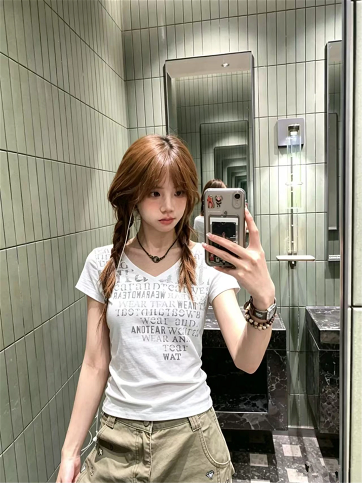 American Style Short Sleeve T-Shirt Women Summer Letter Print round Neck V-Neck Two-Way Wear Slim Fit Breathable Casual Top