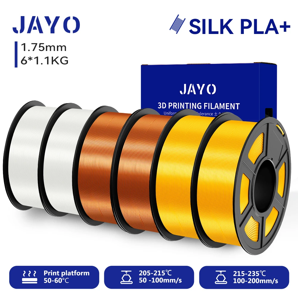 JAYO 6 Rollen SILK PLA + Filament 1,75 mm SILK PLA Plus Filament, glatte, seidige, glänzende Oberfläche, 3D-Filament, geeignet für FDM-Drucker