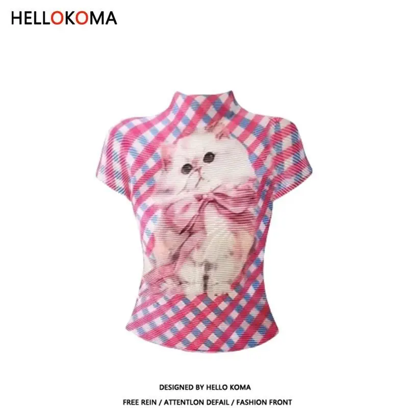 Damskie obcisłe T-shirty z krótkim rękawem, urocze różowe koszulki z nadrukiem kotów, elastyczne crop topy, Goblin Core, kokieteryjne Gyaru Aesthetic Y2K z lat 2000.