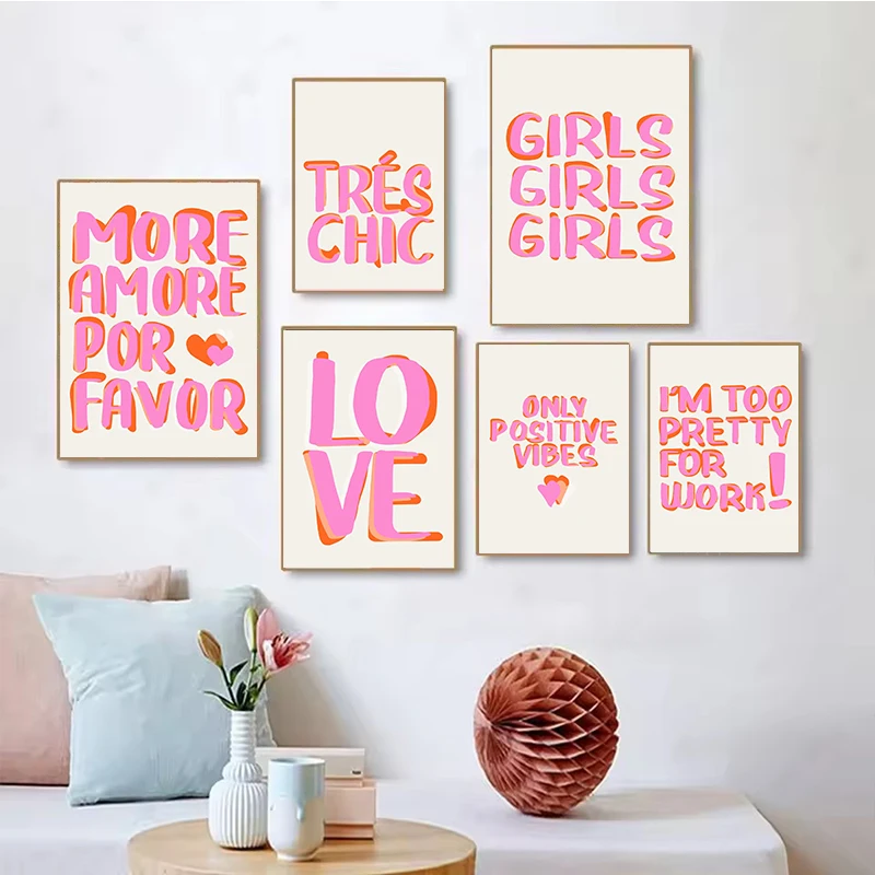 Nordic More Amor Por Favor Colorful Eclectic Pink Love Girls Quote Wall Art Canvas Painting Poster for Living Room  Picture