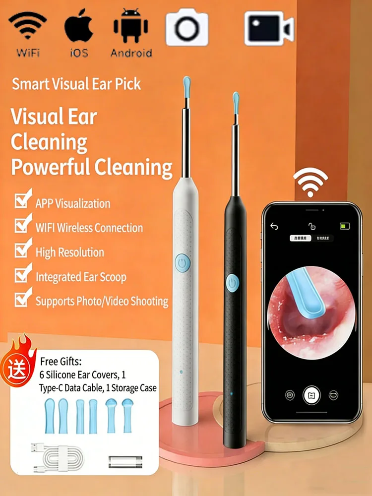 

Визуальный эндоскоп для чистки ушей, камера для удаления ушной серы, инструменты для ухода за ушами, черный и белый цвета, для чистки ушей.