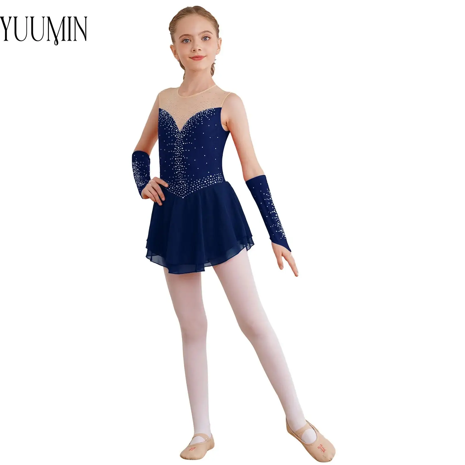 Girls Figure Skating Stage Performance Outfit Dance Dress Shiny Rhinestone Keyhole Back Sleeveless with Gloves for Dance Class