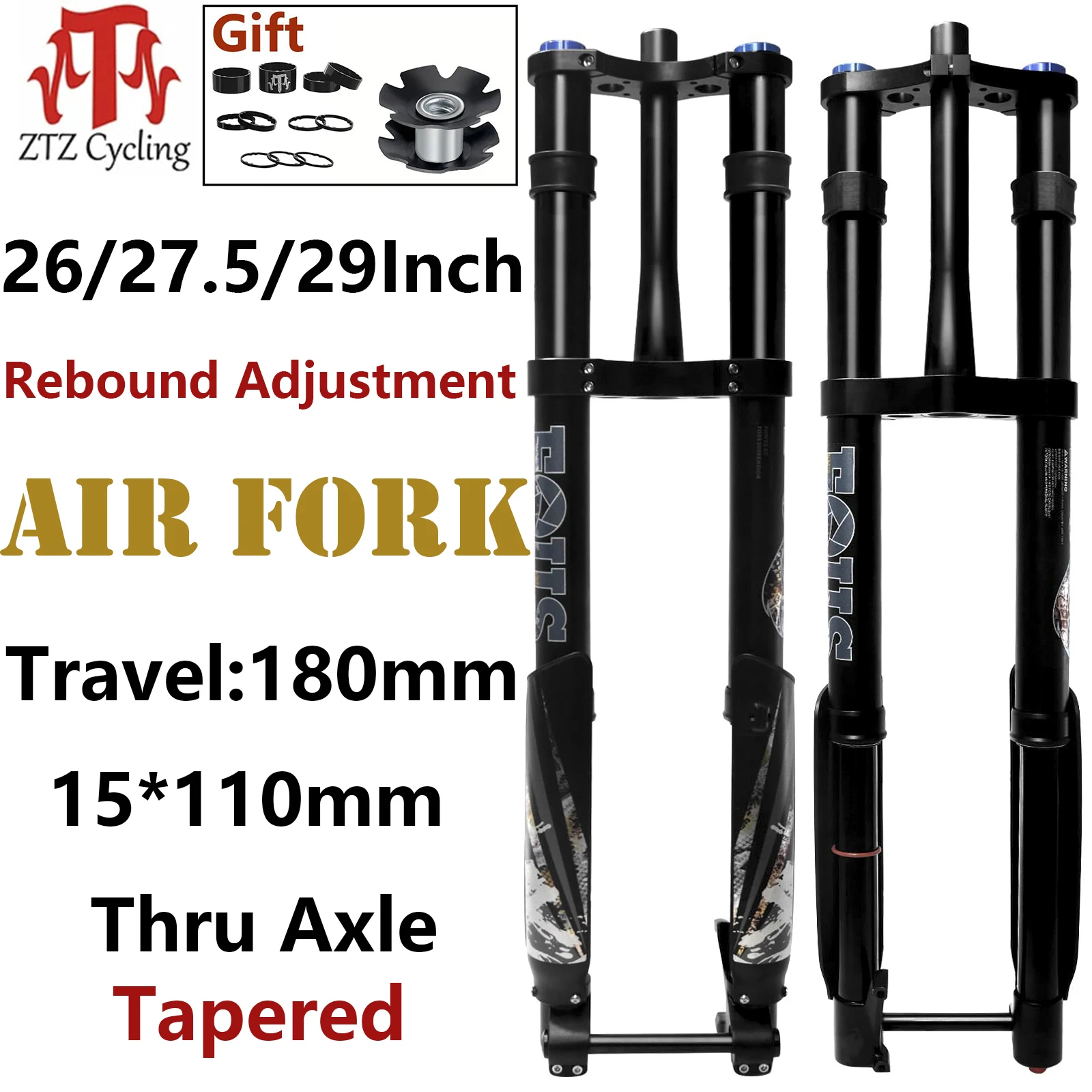 

ZTZ Mountain Bike Downhill Fork,Double Crown Inverted Air Suspension Fork,Thru Axle Boost 15x110mm, Travel 180mm, MTB AM FR DH