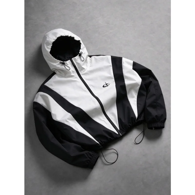 Men Windbreaker Jacket Black White Color Block Hooded Windproof Waterproof Breathable Soft Shell Outdoor Hiking Casual Outerwear