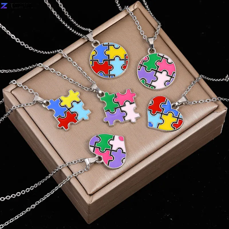 50 سنتيمتر الفولاذ المقاوم للصدأ سلسلة قلادة التوحد الوعي لغز قلادة القلائد للنساء الفتيات مجوهرات الأزياء #2