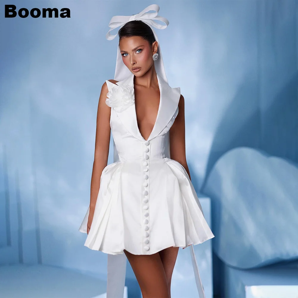 Booma A-Line Mini Wedding Party Dresses for Women V Neck Sleeveless Brides Gowns Button Stain vestidos de novia 2024 boda