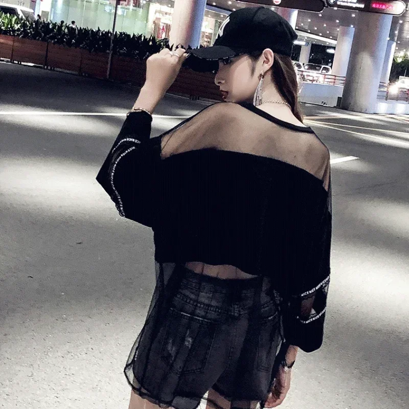 Ins Sexy See Through Lace Mesh Spliced Tops Women Clothing Ladies Summer Fashion Casual Hip Hop T-shirt Girls Beautiful Y2k Top