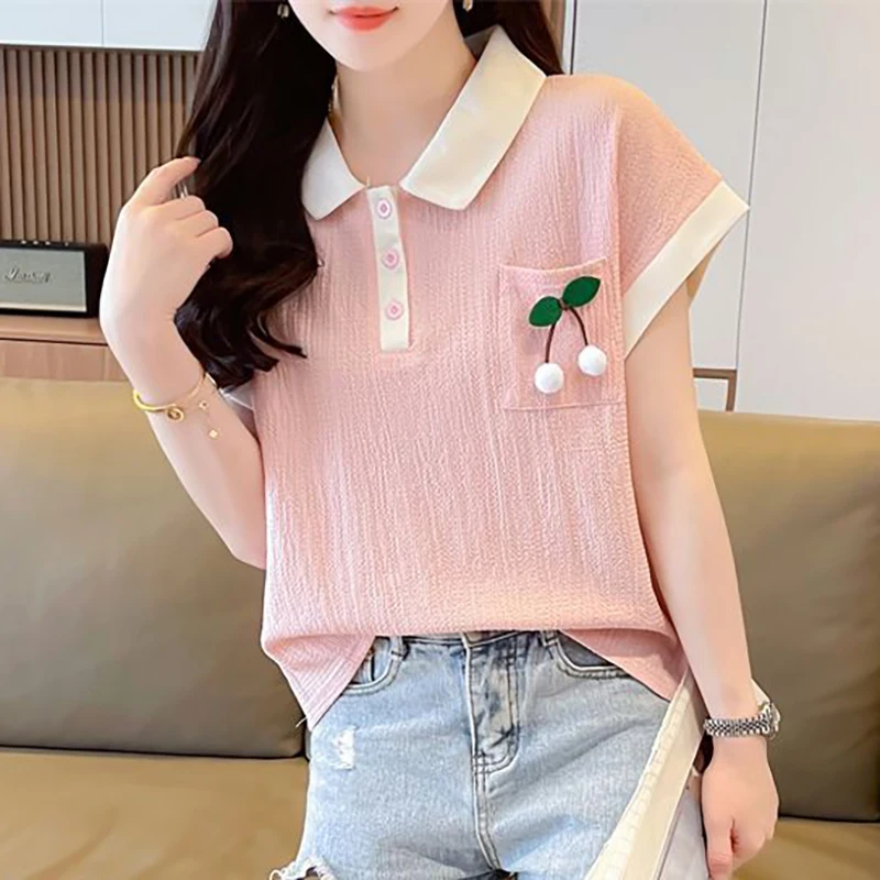 

Sweet Lapel Pockets Spliced Casual Polo Shirts Female Clothing 2025 Summer New Loose Short Sleeve All-match Tops Korean T-Shirts