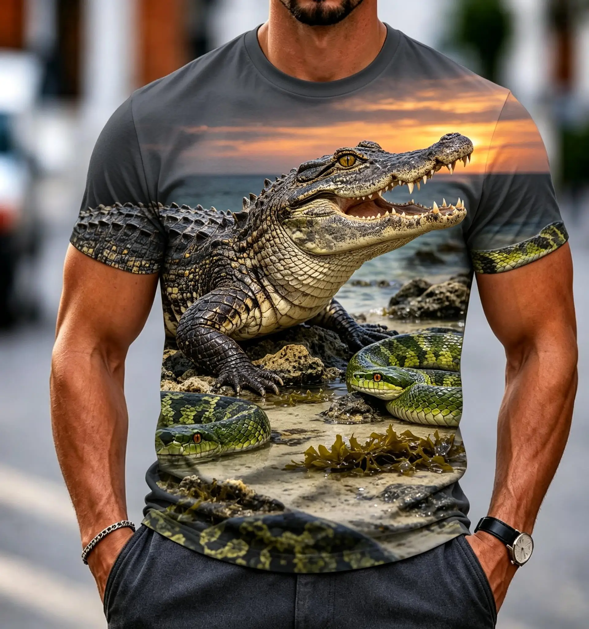 Wildlife Animal Full Print Men T-Shirt, Realistic Crocodile & Snake Pattern Casual Crew Neck Short Sleeve Tees