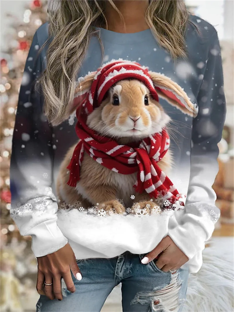 New Christmas Cute Rabbit Printed T-shirt Fashion Animal Dog Cat Pattern Round Neck Long Sleeve cotton T-shirt Casual Women Tops