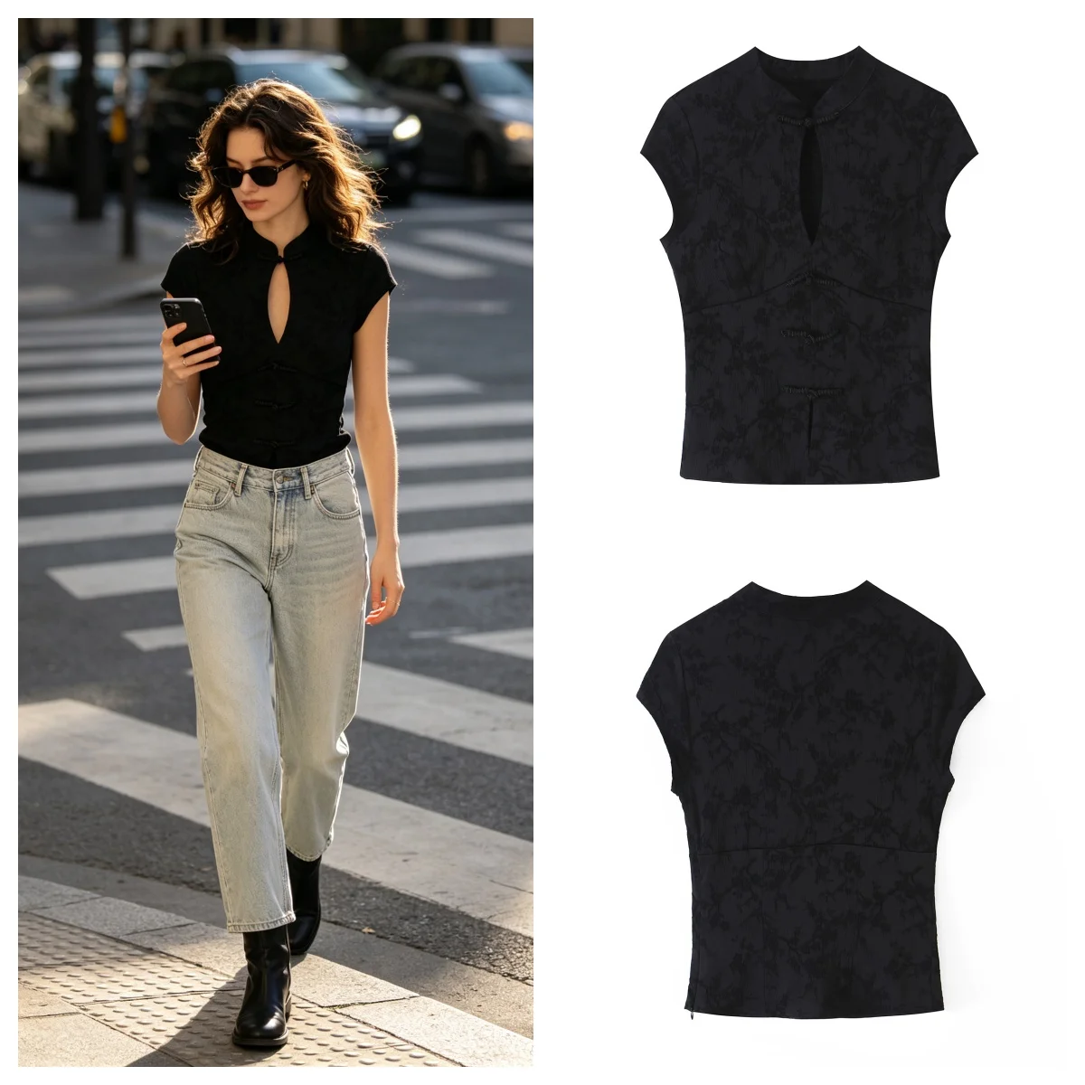 Guobioziy Women's Top 2026 Summer New Black Jacquard Knot Button Hollow Out Top Elegant and Stylish Fashionable Socialite Style