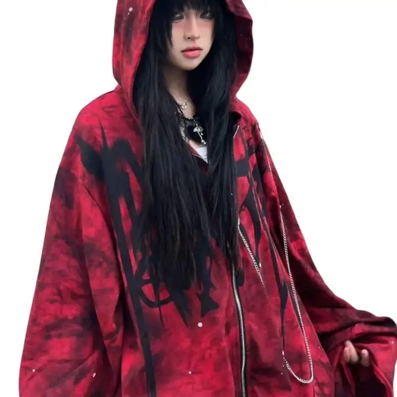 2025 Autumn Punk Gothic Rock Unisex Hoodie   Zip-Up Cardigan Women Graffiti & Splatter Prints Subculture Outerwear