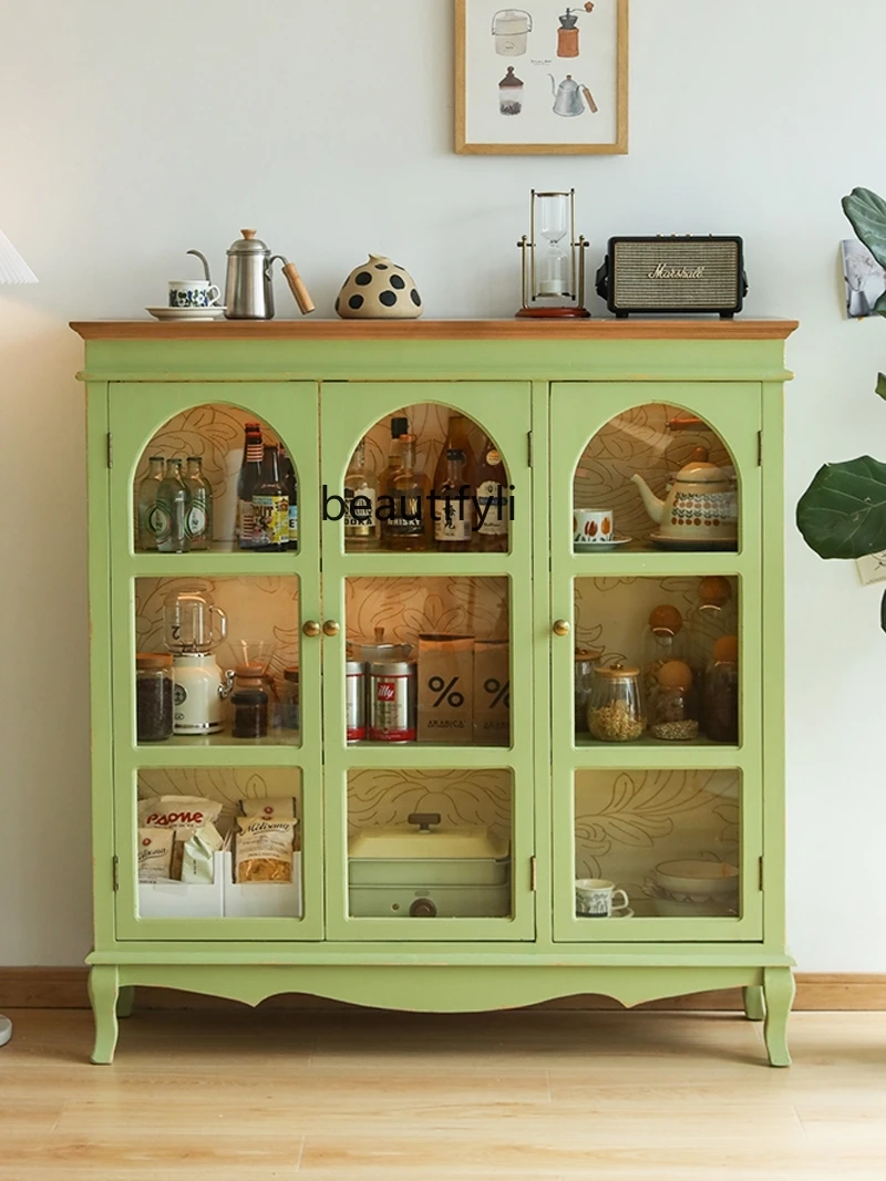 Retro Green Carved Three-Door Sideboard Cabinet Living Room Storage Cabinet Arch Glass Display Wine Cabinet Kitchen