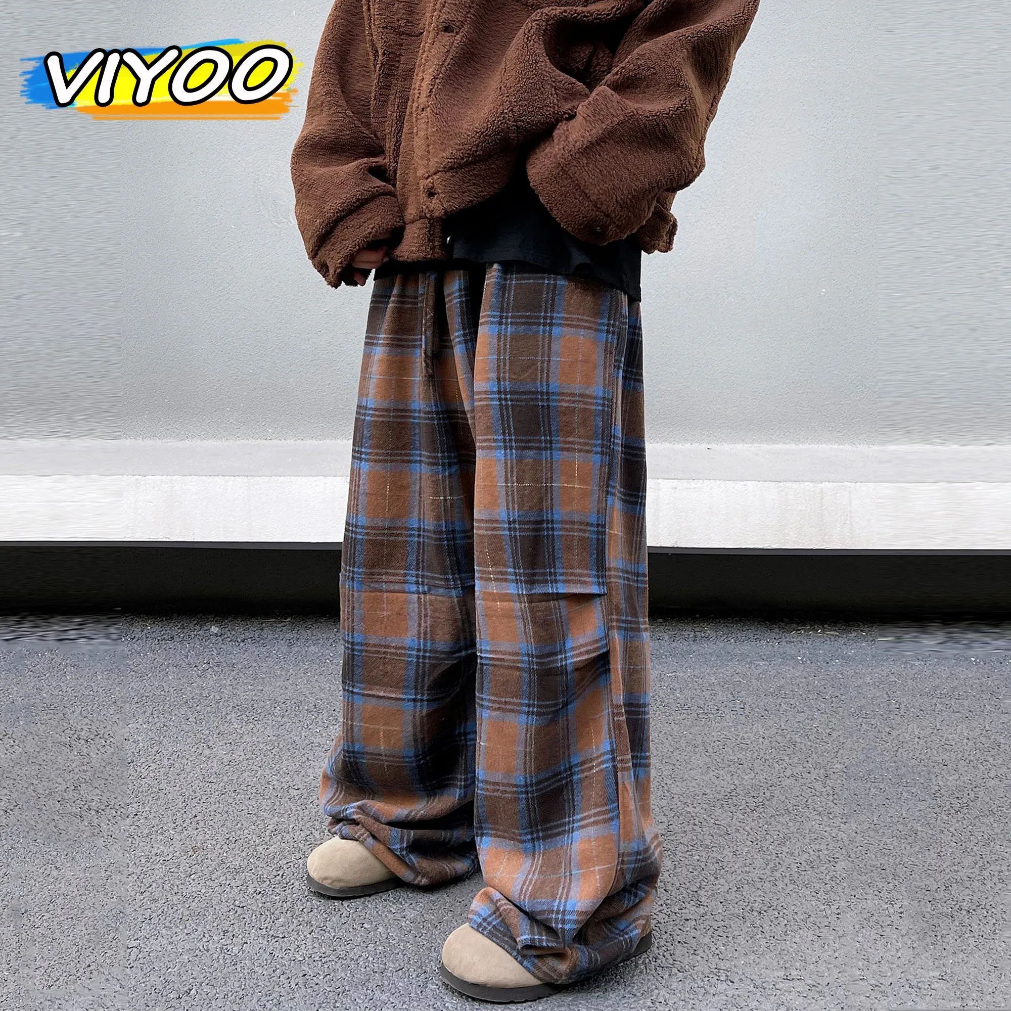 Men's Pink Vintage Oversized Plaid Pants Summer Baggy Wide Leg Pants Drawstring Y2K Streetwear Trousers Japanese Korean Clothes