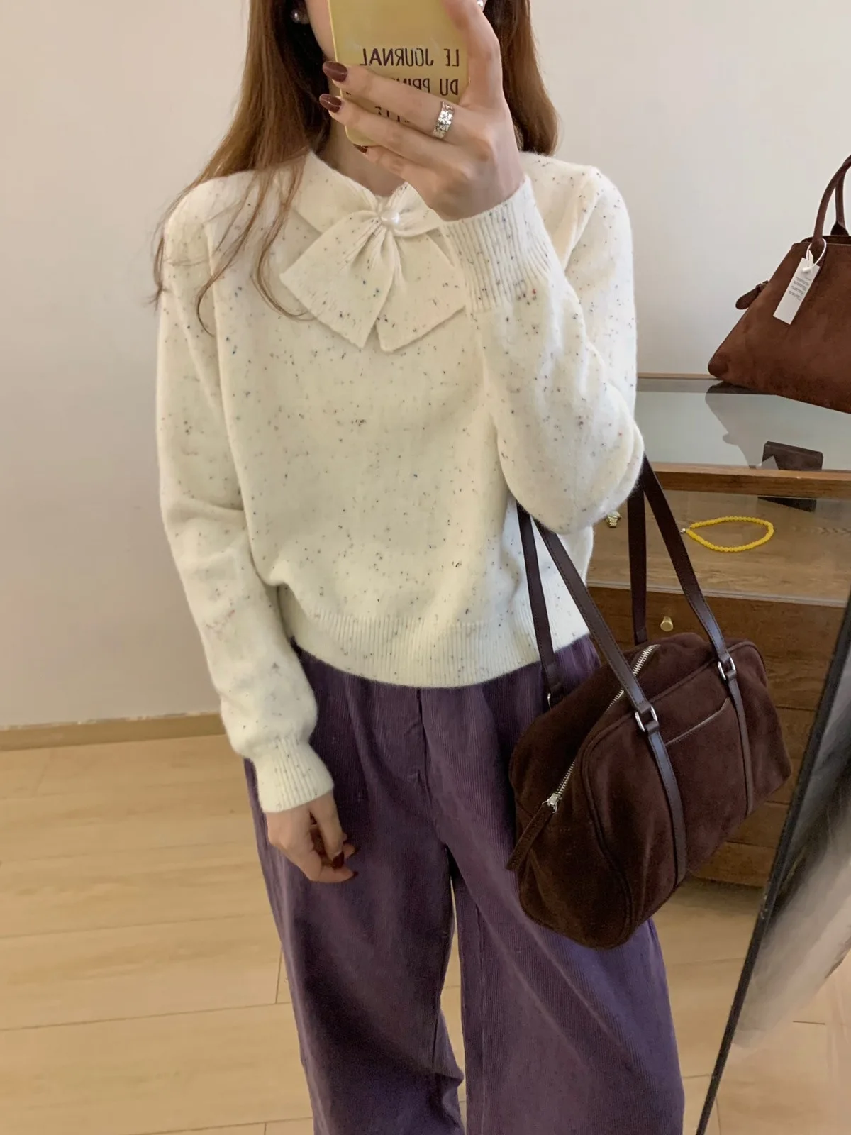 Casual Temperament Comfortable Korean Age-reducing Multicoloured Pullover Sweater 2024 New Autumn Loose Small Fresh Bow Knitwear