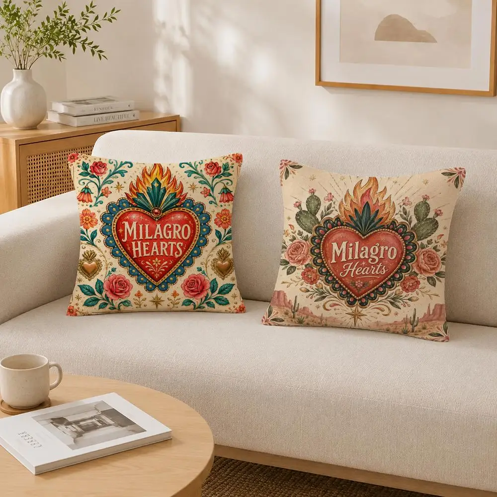 Vintage Sacred Heart Pattern Milagro hearts Cushion Cover Soft Fluffy Short Plush  Pillow Case  Sofa Bed Home Decor