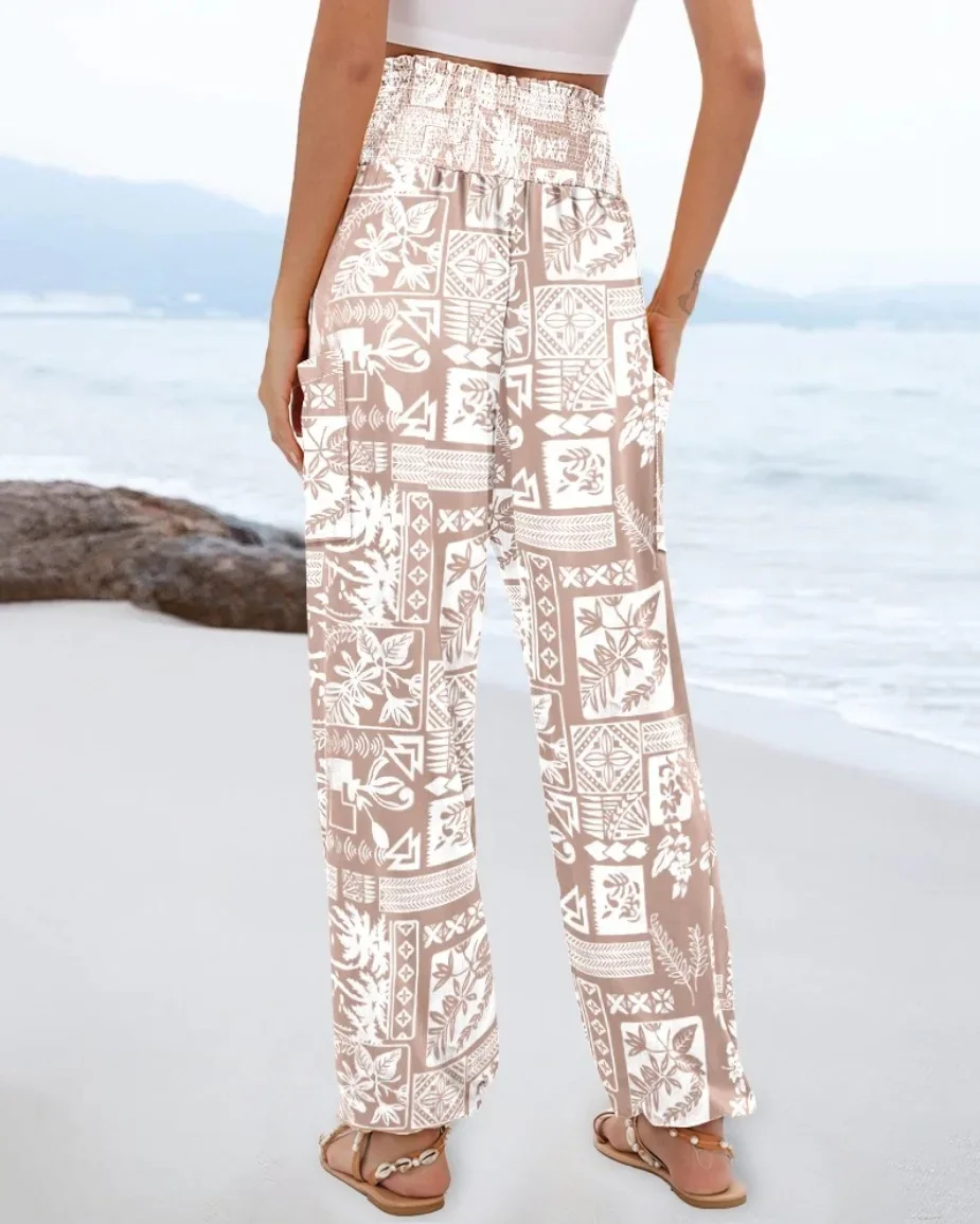 Damen Boho Bedruckte Haremshose mit Hoher Taille, Elastischem Bund, Seitentaschen, Lockere Hose für Strandurlaub und Freizeit – Detail 4