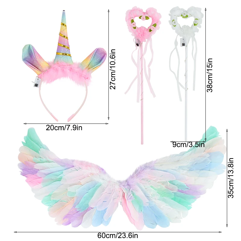 Girls Women LED Light Up Colorful Feather Wing Kids Adult Unicorn Headband Gift for Birthday Glow Crown Wedding Party Decoration