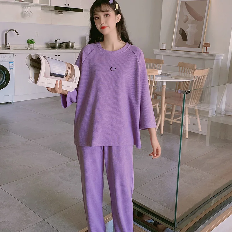 

Spring New Waffle Pajamas Set For Women Students Cute Cartoon Cotton Pyjamas Loose Sleepwear Set Casual Girl Home Clothes