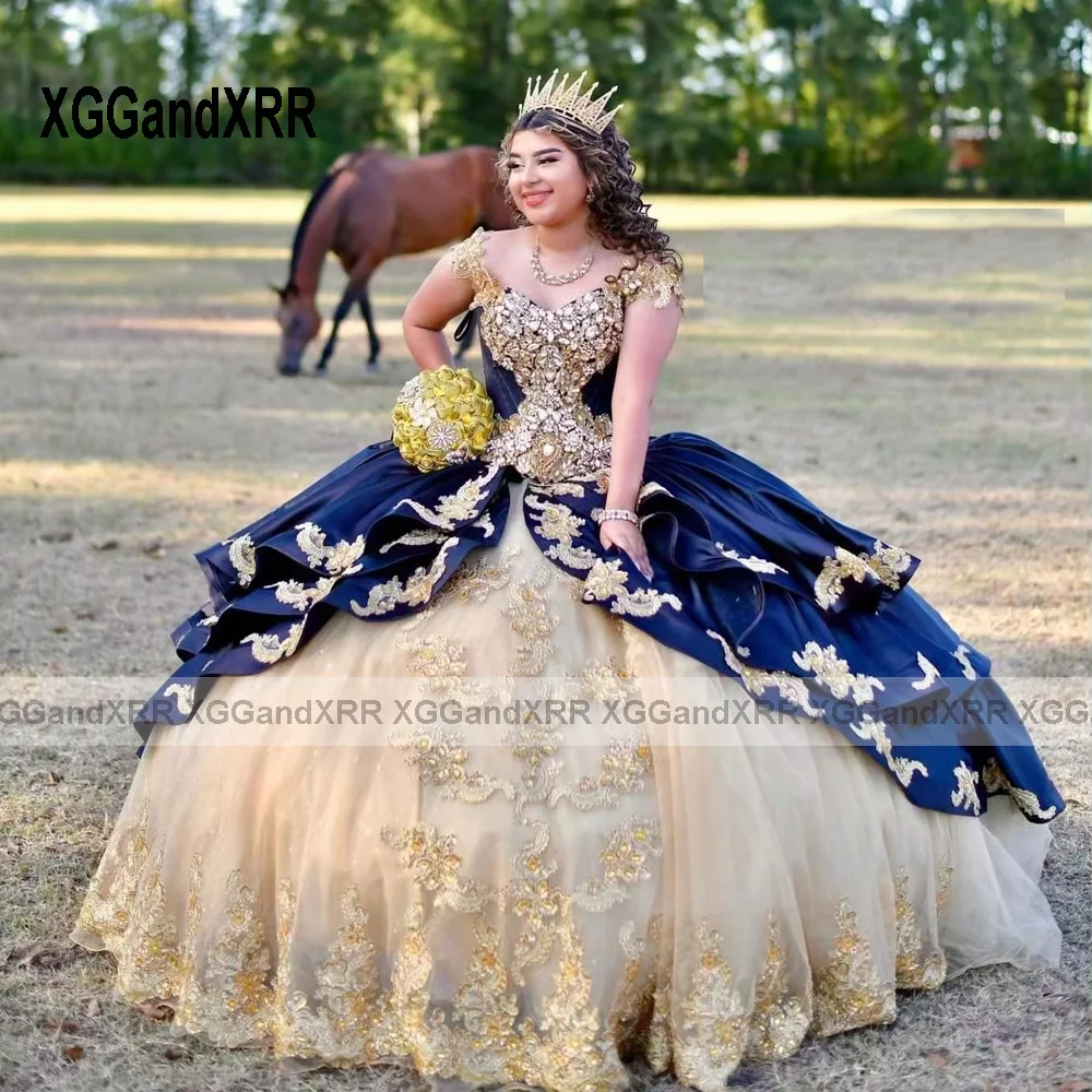 Vestido De baile azul champán para Quinceañera, traje De princesa dulce 16, apliques dorados, Vestido mexicano De Quinceañera, capa De 15, 2024