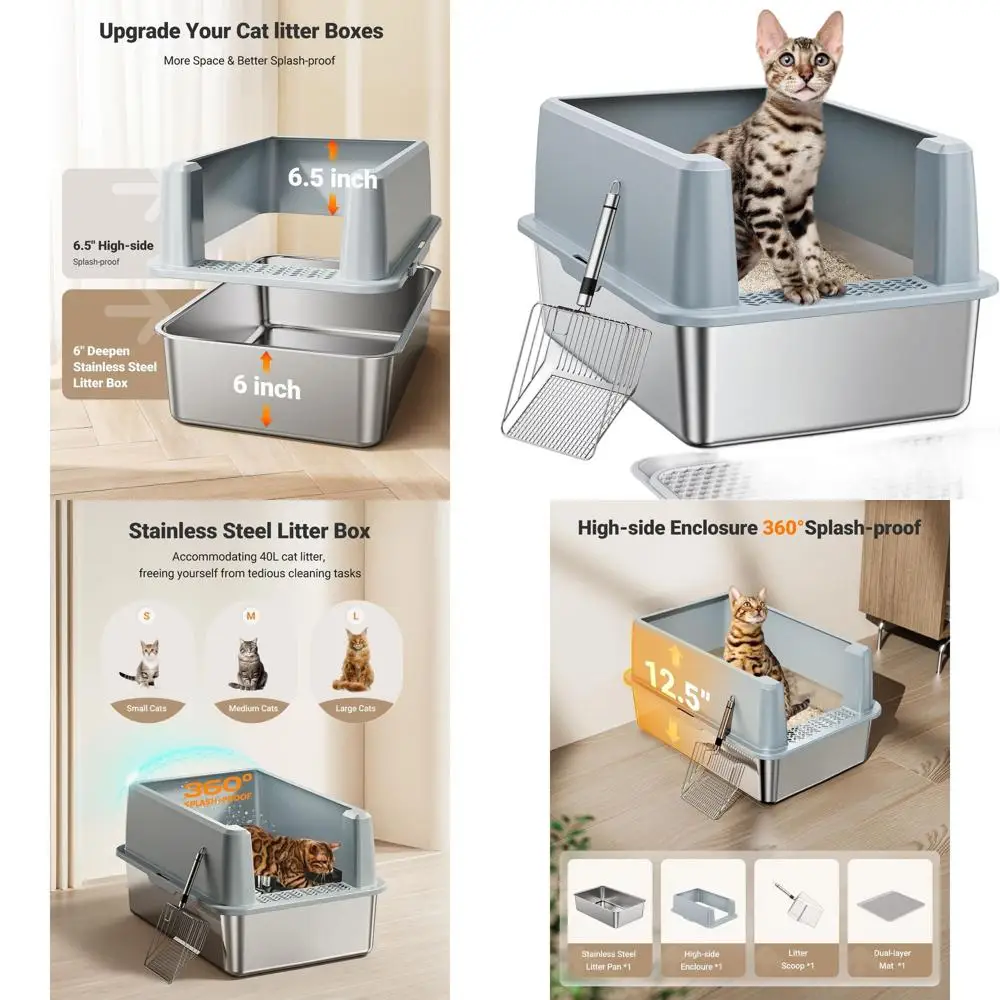 

Large High-Sided Enclosed Metal Cat Litter Box with Lid for Big Cats, Easy Clean Mat & Scoop, Anti-Leakage