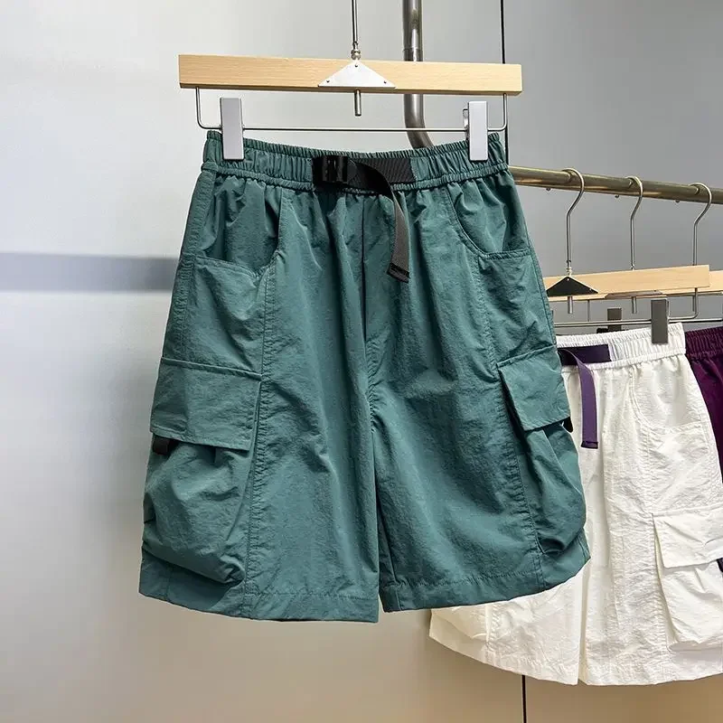 

С карманами, длинные бермуды, полукороткие брюки для мужчин, мужские шорты-карго, однотонные, широкие, свободные, с эластичной резинкой на талии, мешковатые хлопковые Y2k