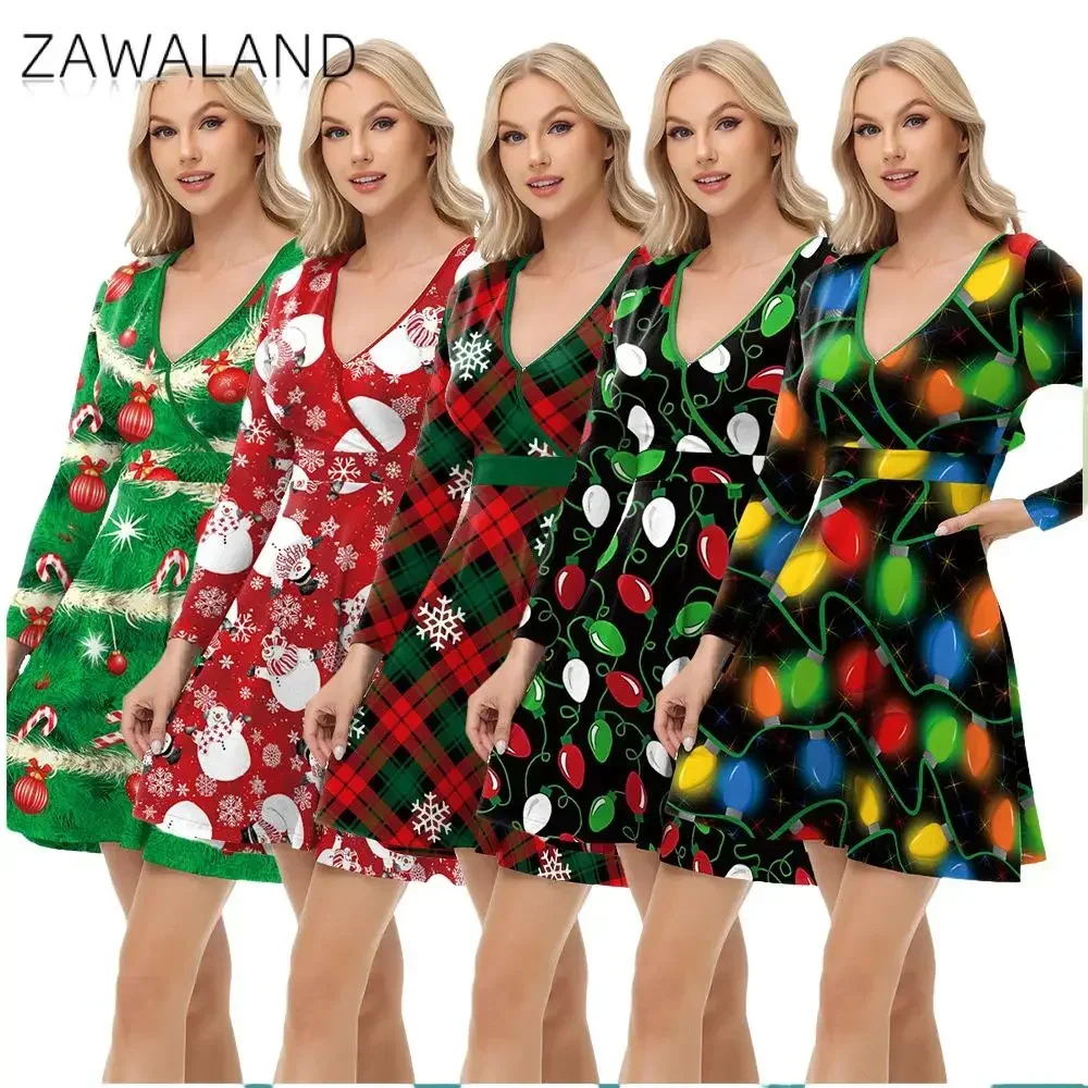 

Women Dress Christmas Tree Snowman Print Long sleeves Dresses Cosplay Costume Ladies Christmas Party Fancy Dress Xmas Gifts