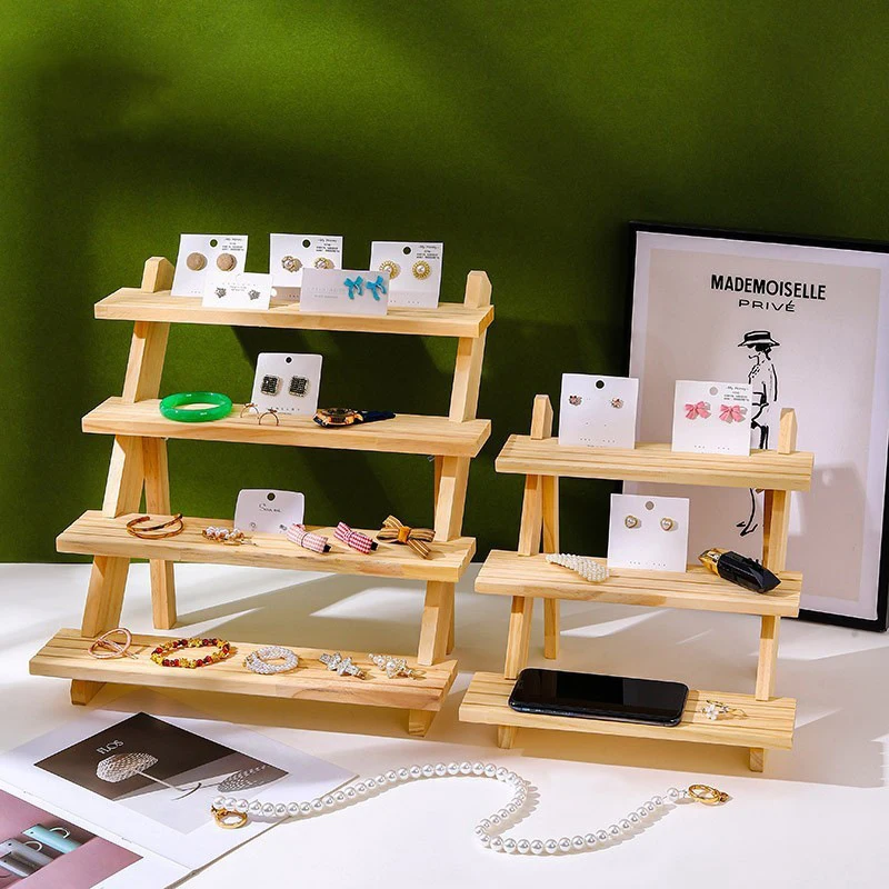 2-4 Tier Ear Stud Holder Wooden Jewelry Earring Dispaly Stand Shelf Cupcake Makeup Mini Figure Organizer Showcase Rack Riser