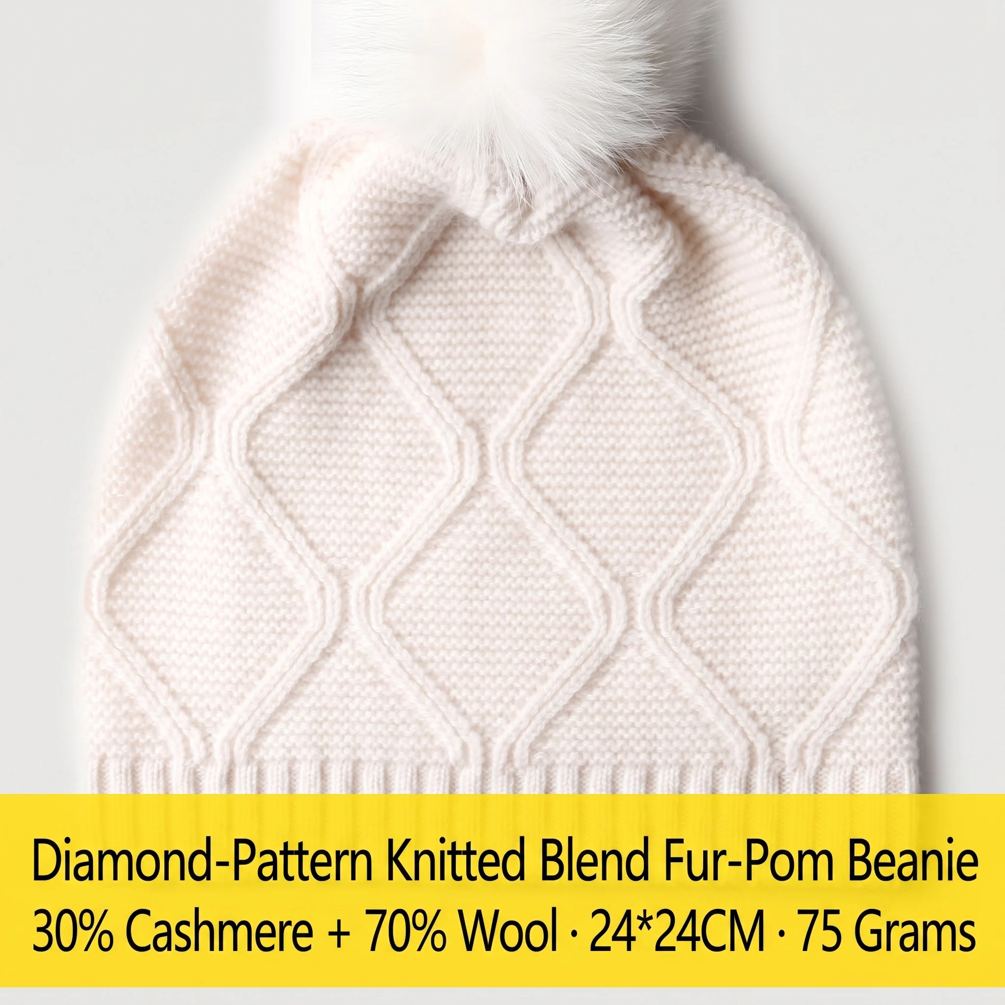 Beanie Cuffed Knit - หมวกบีนนี่ถักลายเพชร ผสมแคชเมียร์ 30% ขนสัตว์ 70% พร้อมพู่ห้อย
