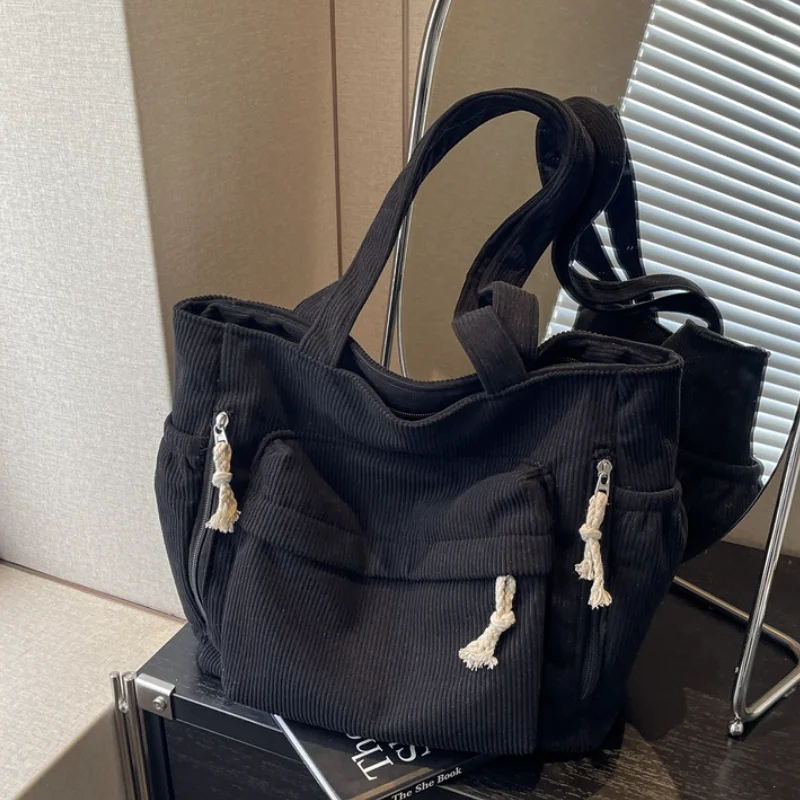 Bolso de mujer con múltiples bolsillos, bolso de hombro de pana, bolso Simple de gran capacidad para compras femeninas