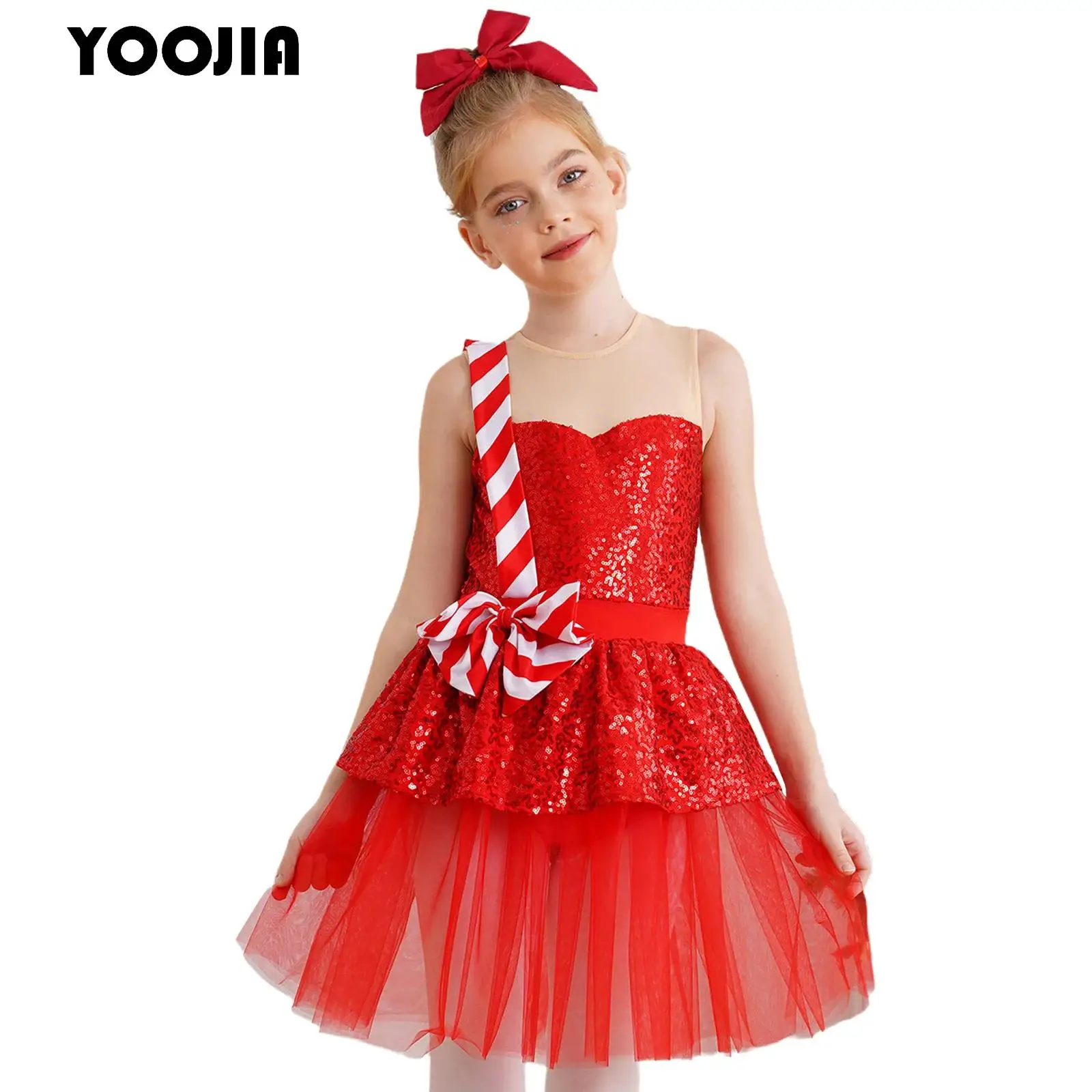 

Kids Girls Christmas Dance Costume Candy Cane Striped Sequins Ballet Tutu Leotard Figure Ice Skating Dress Xmas Party Dancewear