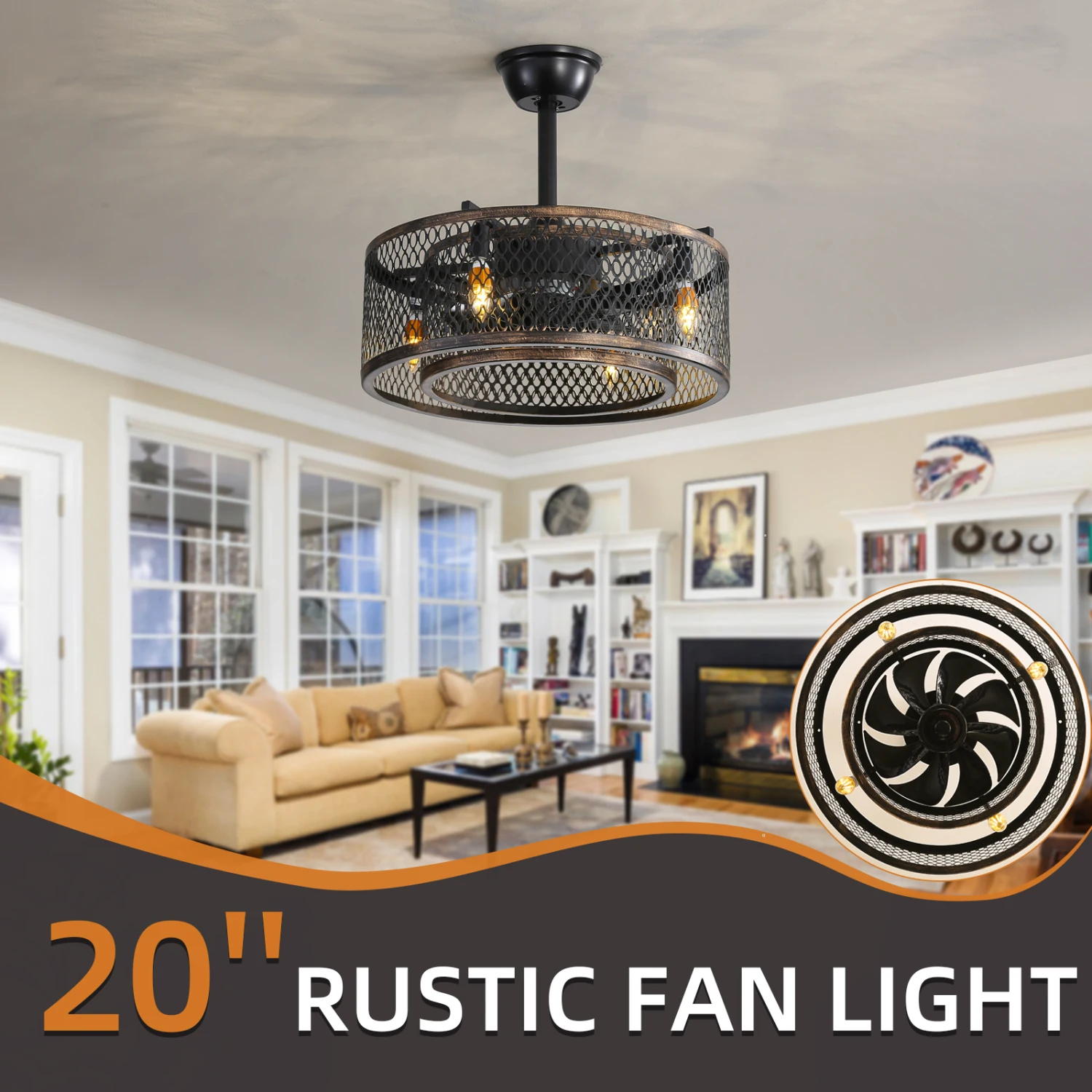 

20 inch Caged Ceiling Fan with Lights (Note No warranty on bulbs)