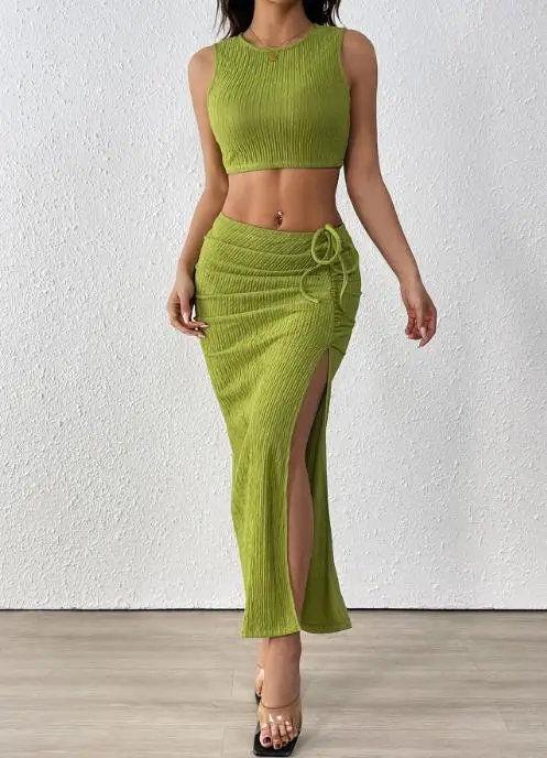 

Women's Two-Piece Set Summer 2025 Drawn Pleat Texture Split Set 2025 Summer New Sleeveless Dopamine Vest Two-Piece Set