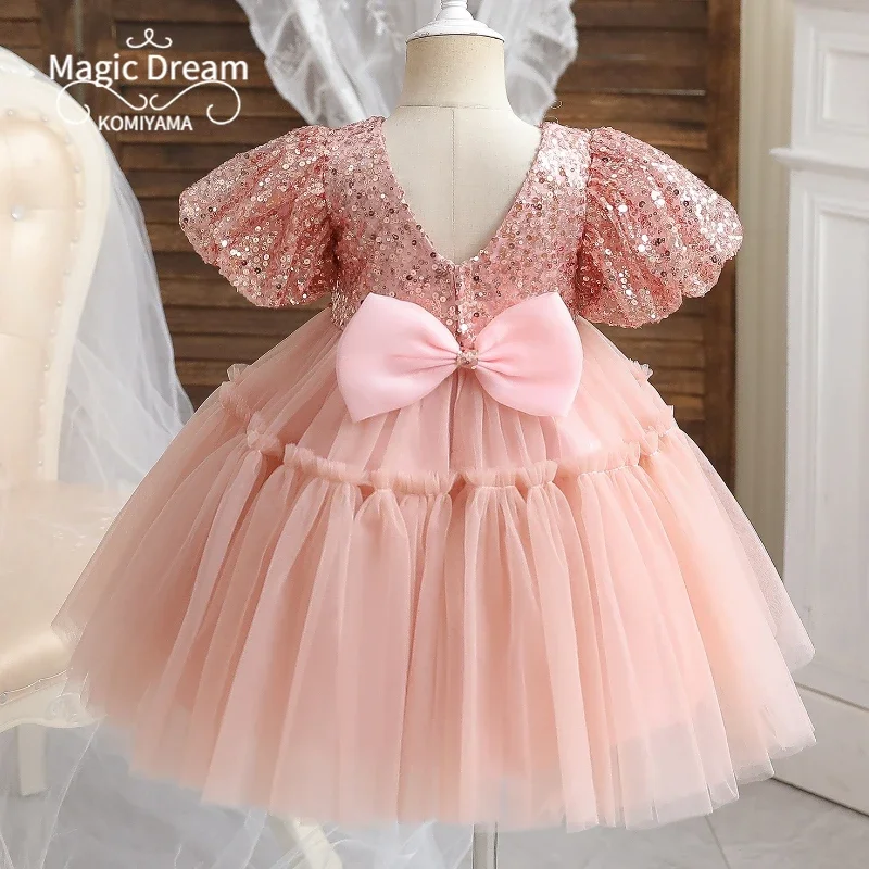 Customized Sequin Sweet Girls Birthday Gowns V-back Bow Ball Gown Flower Girl Dress Princess Puff Sleeve Junior Brides