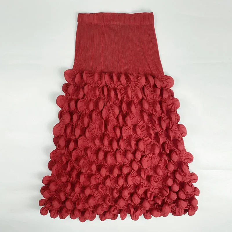 

MIYAKE Spring and Summer New Style Bubble Pleat Skirt for Women Solid Color Mid-length A-line Design High Waist Slimming Skirt