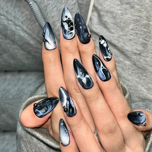 Presione en las uñas Y2k Cool Girl uñas postizas usable larga tinta de almendra manchado uñas postizas puntas de uñas de moda con diseños de cuentas de acero