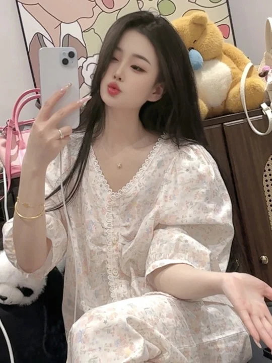2025 Summer Fresh Sweet Cute Casual Cotton Floral Pajamas Loose Fit Wearable Homewear Set