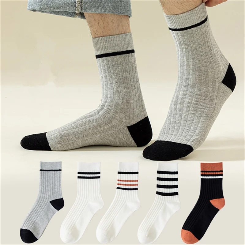 

Dreamlikelin 5pairs/lot Autumn Winter Socks Korean Style Men Simple Striped Comfortable Breathable Middle Tube Socks