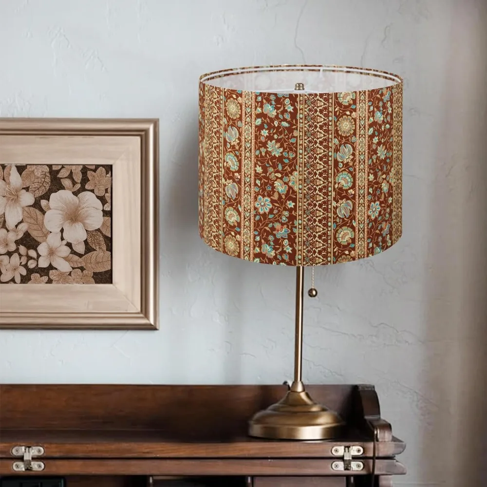 غطاء مصباح الطبل، مخطط بني متوسط مطبوع بوهو كونتري 13x13x10 في أباجورة من نسيج القطن لمصابيح الطاولة ومصابيح الأرضية والأسرة