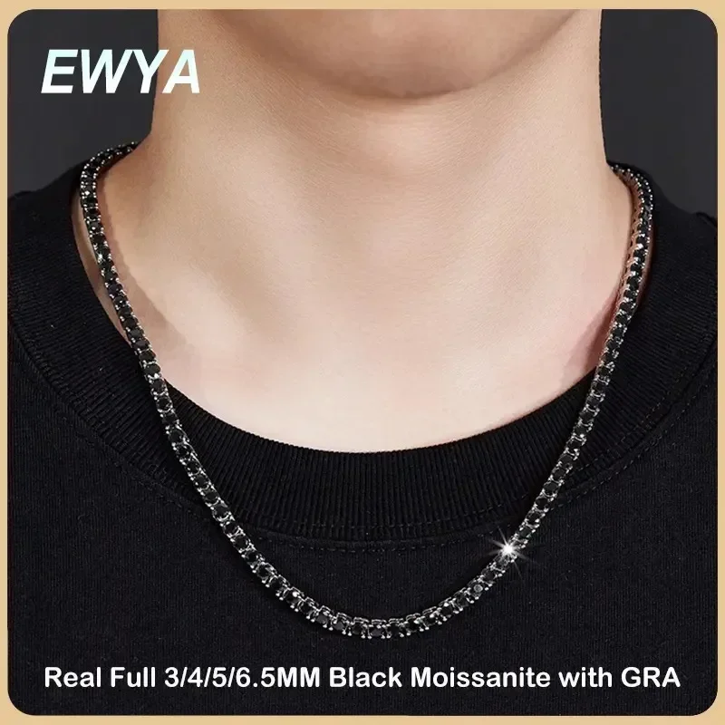 EWYA GRA Certified Real 3/4/5/6.5MM Full Black Moissanite Tennis Necklace for Women Men Unisex S925 Silver Neck Chain Necklaces