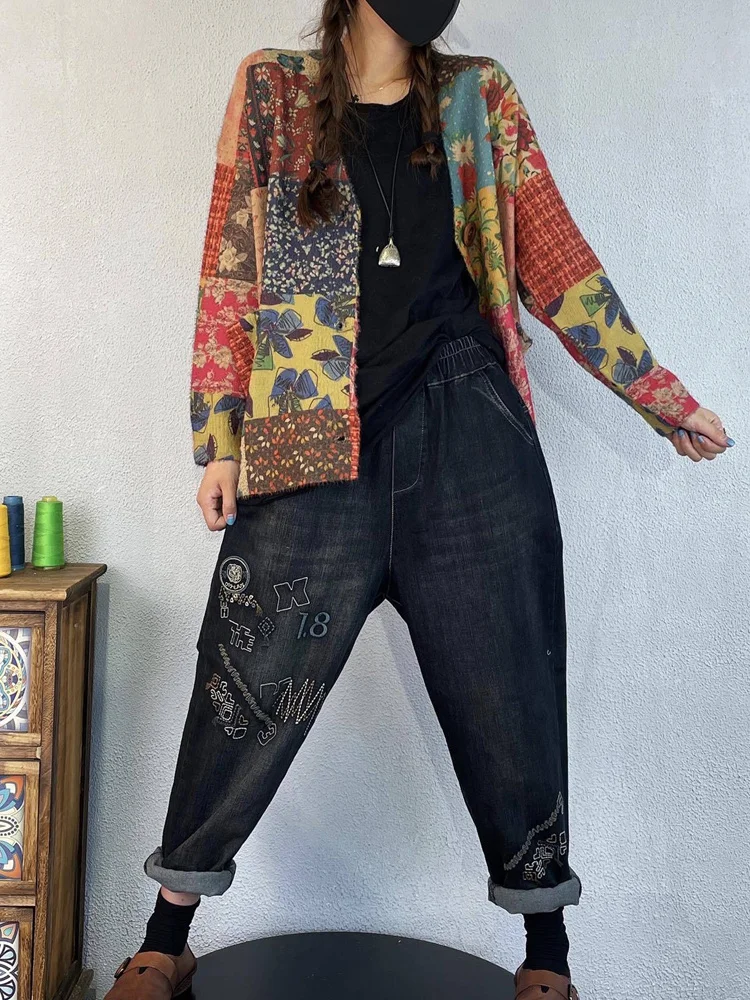 Amax luluE Winter Vintage Printed V-Neck Sweaters Womens Loose Leisure Cardigans Gothic Females Harajuku Pocket Floral Clothing