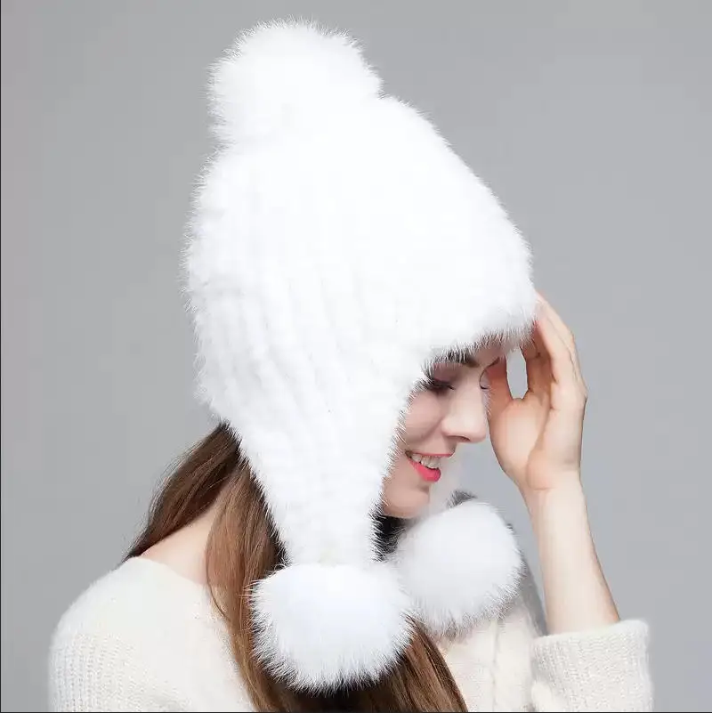 شتاء دافئ محبوك قبعات فرو المنك الحقيقي رقيق في الهواء الطلق المرأة لينة قبعة أنيقة على الموضة مع إيرفلاب ركوب بيني عادية مع الثعلب الحقيقي